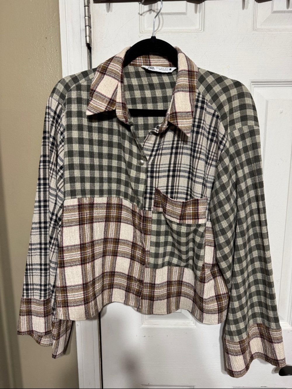 Zara Olive Green & Cream Plaid Shirt